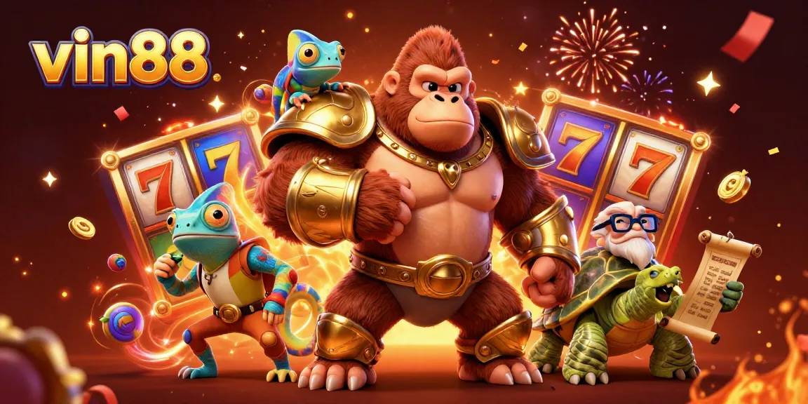 Experience the excitement of vin88 with vibrant slot reels, a gorilla king, and a colorful chameleon!