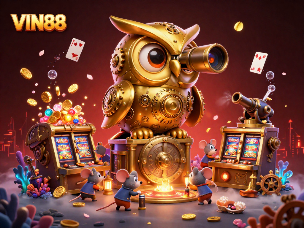 Experience thrilling gameplay at VIN88 with golden owl surveying the bustling casino floor.
