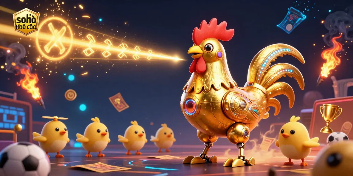 Experience strategic sports betting with soi kèo nhà cái featuring a vibrant golden rooster robot and betting elements.