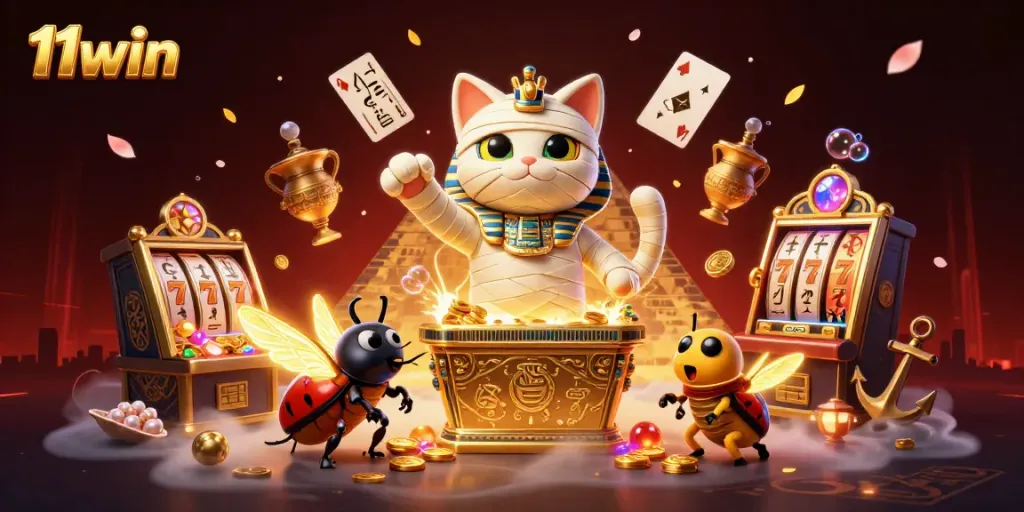 Experience the thrill of winning at 11win with a vibrant mummy cat and scarab beetle in a dynamic casino setting.