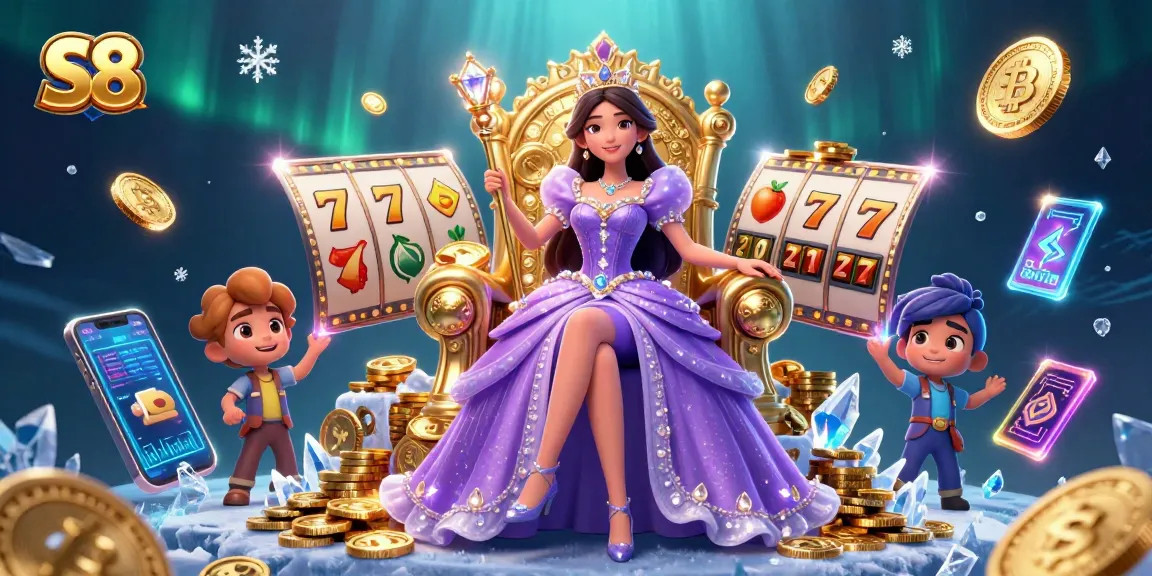 S8 jackpot game scene featuring a beautiful Asian woman holding a scepter amidst vibrant slot reels and golden coins.