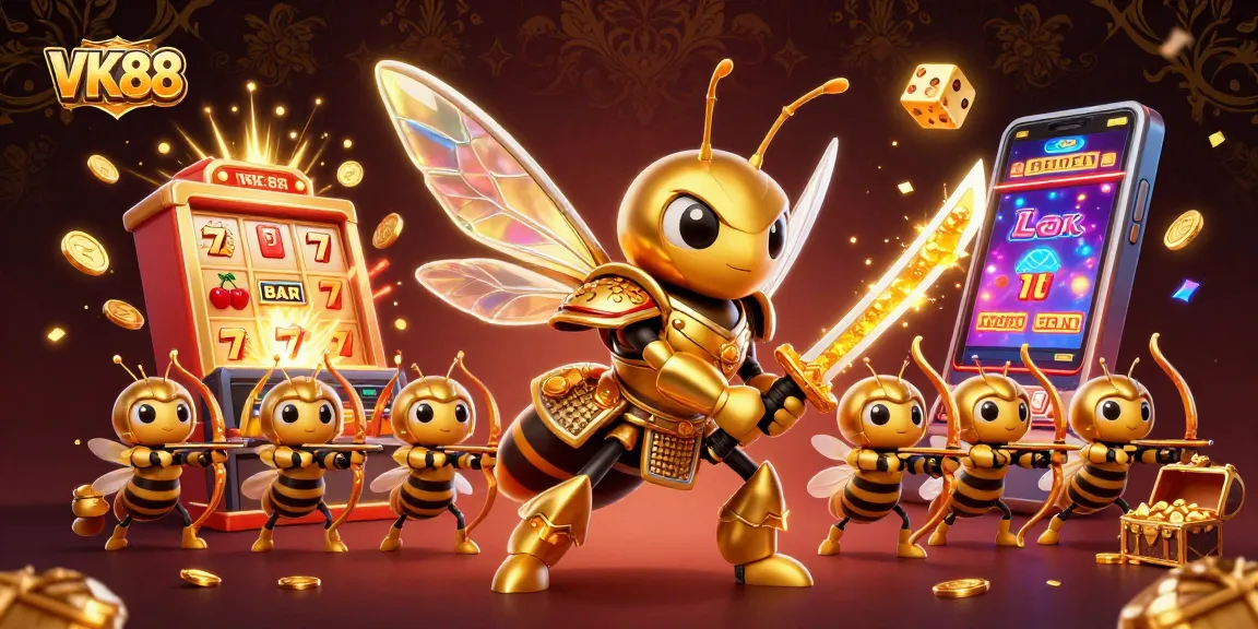 VK88 features a giant golden hornet samurai and exciting gaming elements in a vibrant casino scene.