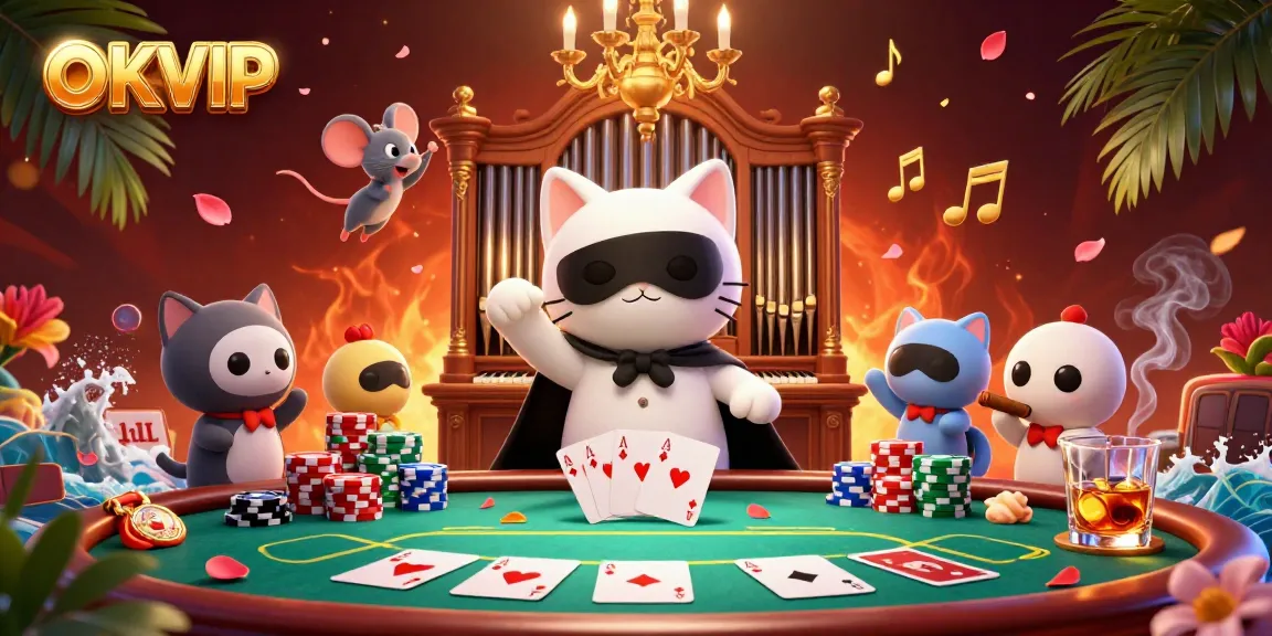Experience the excitement of OKVIP with a captivating 3D casino scene featuring colorful poker elements.
