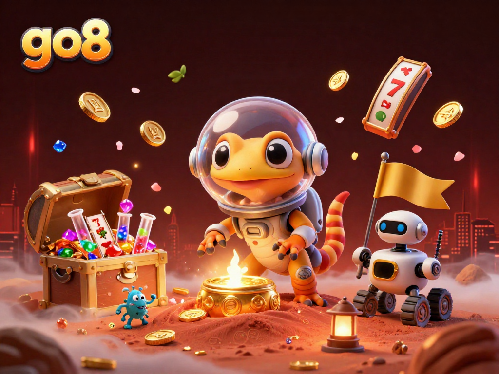 Engage in thrilling gameplay at go8, exploring a vibrant casino scene with gold coins and slot machines.