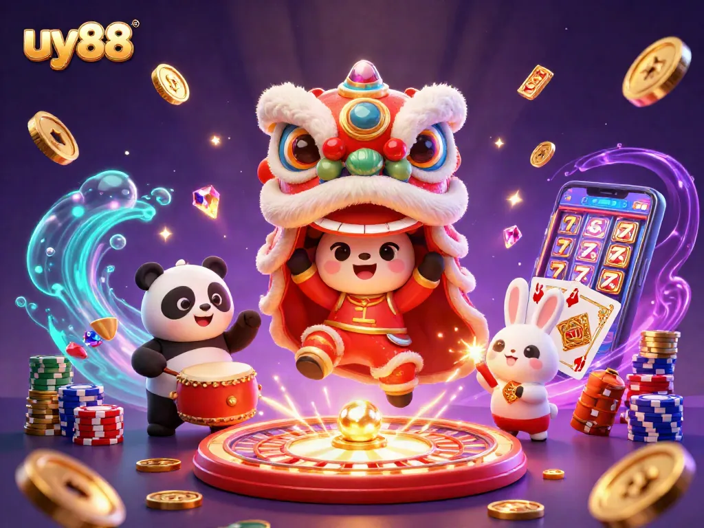 Experience the thrill at uy88 with a vibrant 3D lion dance illustration featuring casino elements.