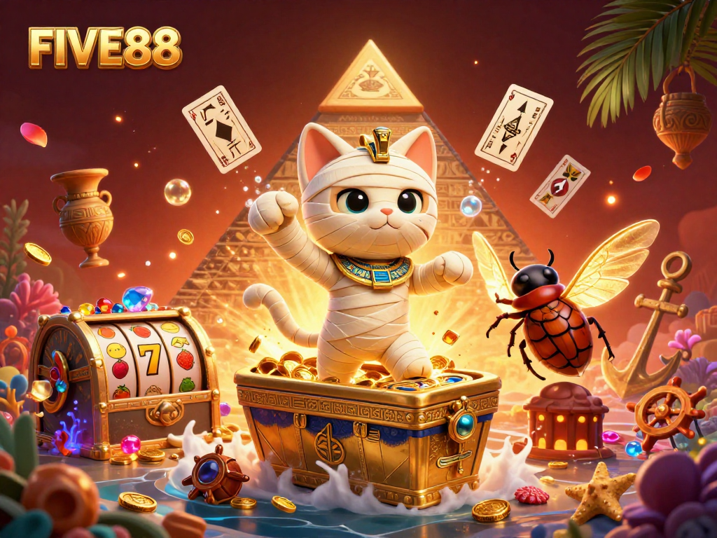 Experience thrilling adventures with the FIVE88 mummy cat at the pyramid casino while playing slots!