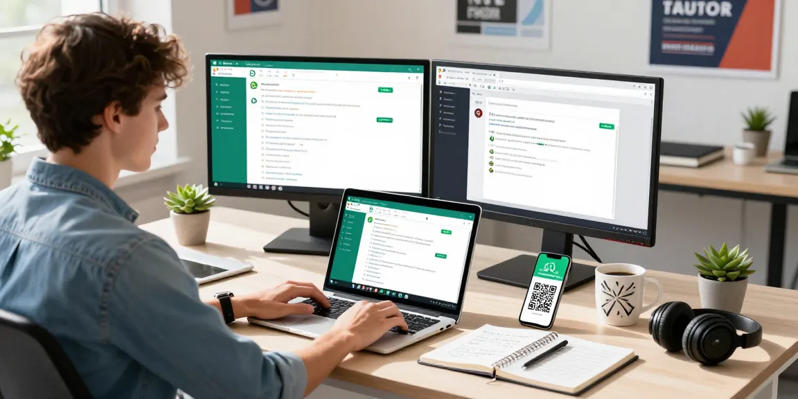Professional using WhatsApp電腦版 in a modern tech workspace with dual monitors and personal touches.
