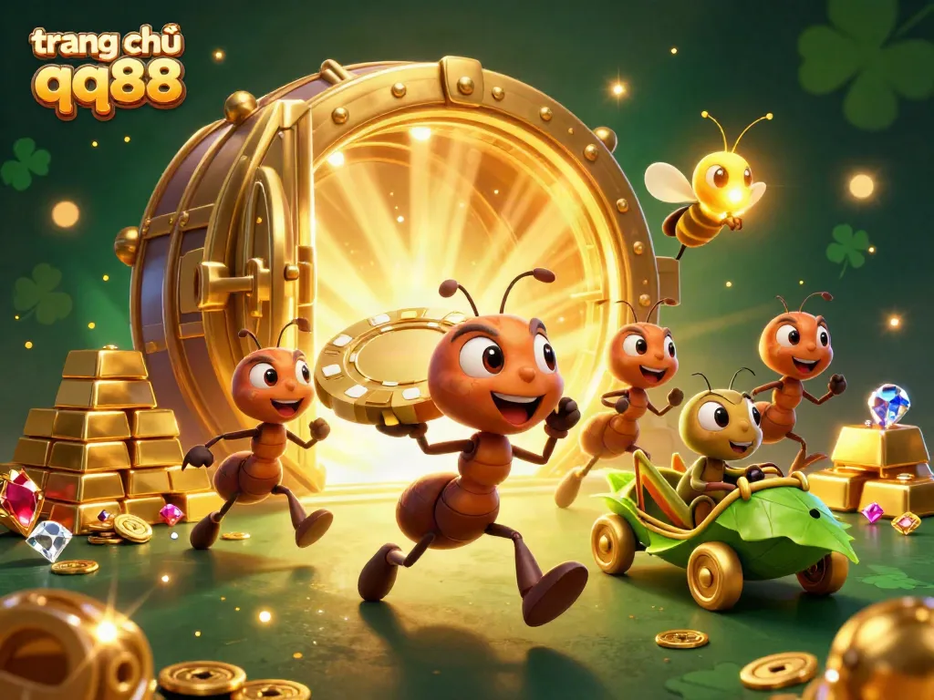 Engage in fun with trang chủ qq88 as ants carry a golden poker chip in a vibrant casino scene.