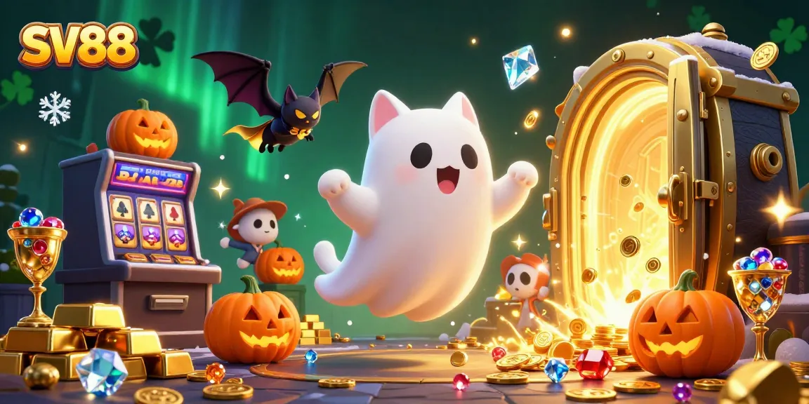 SV88 ghost cat explores a haunted casino mansion filled with treasures and glowing pumpkins.