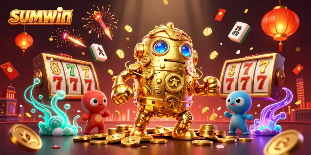 Experience the excitement of sumwin with a vibrant, engaging 3D illustration of a golden golem surrounded by dynamic casino graphics.