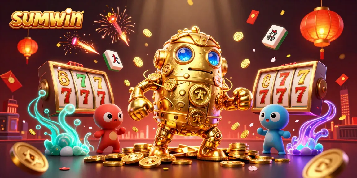 Experience the excitement of sumwin with a vibrant, engaging 3D illustration of a golden golem surrounded by dynamic casino graphics.