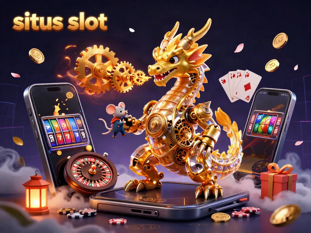 Experience thrilling situs slot action with a golden dragon and a mouse engineer amidst animated game elements.