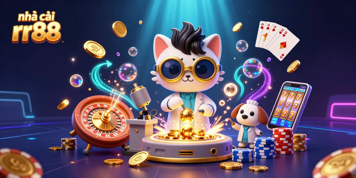Experience the vibrant action at nhà cái rr88 with cartoon characters amid golden coins and casino elements.