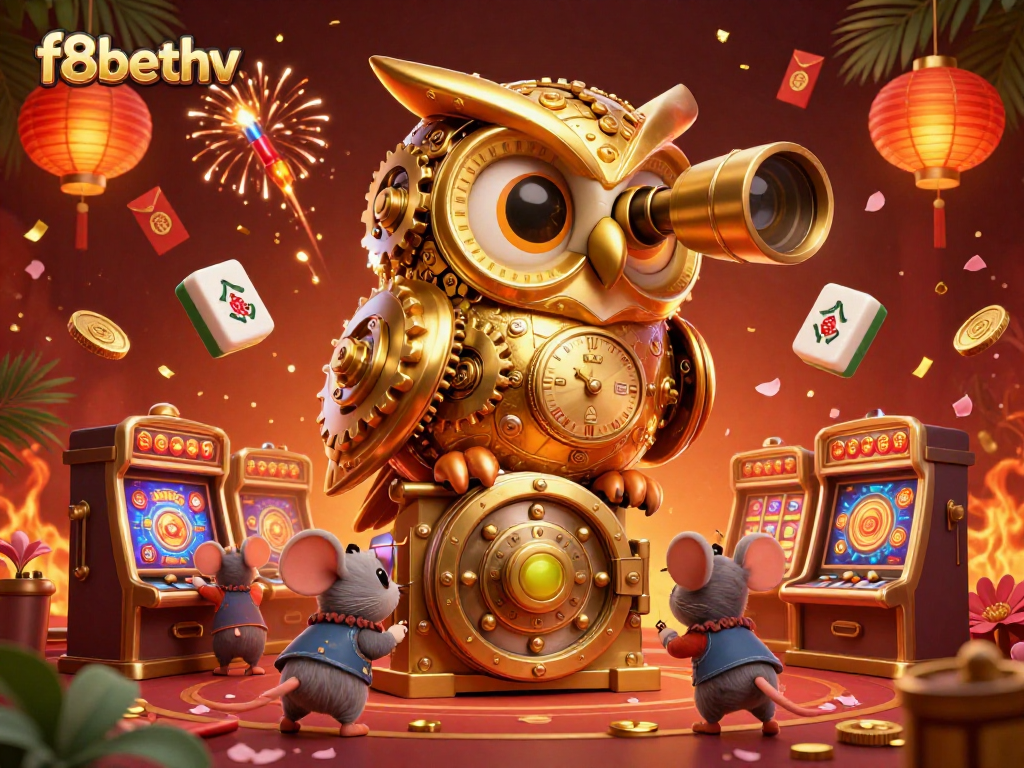Experience the vibrant F8BET gaming world through an intricately detailed 3D illustration of a golden owl examining bustling casino action.