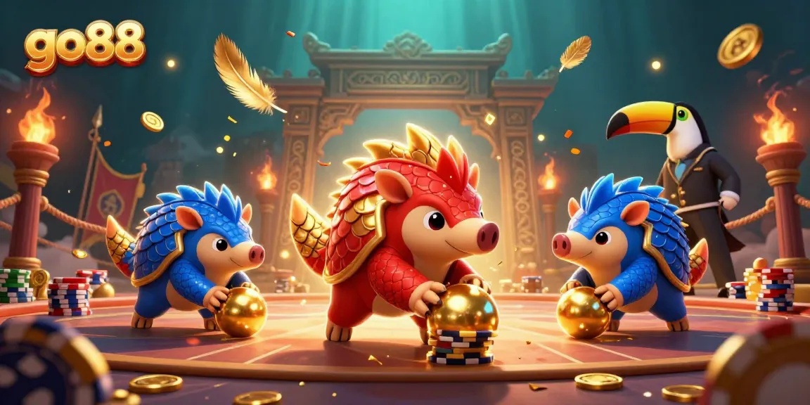 Engage with go88 as cartoon pangolins navigate poker chips in a vibrant casino arena.