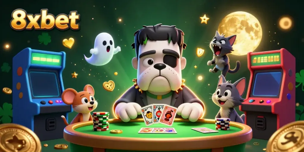 Experience thrilling games at 8xbet, surrounded by colorful characters and casino elements.
