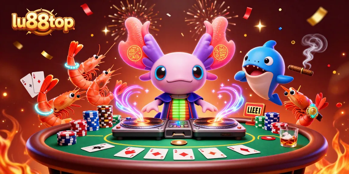 Experience thrilling gaming at lu88top with a neon DJ axolotl amidst poker action!