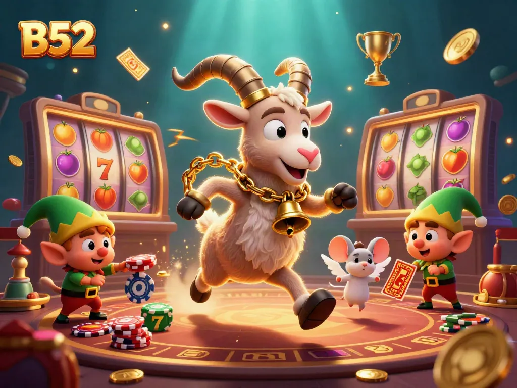 Experience the vibrant B52 casino with Krampus and festive characters engaging in games and fun.