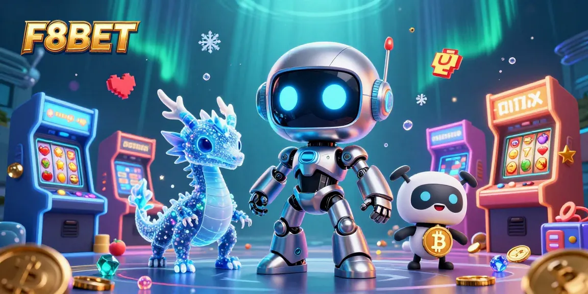 Experience thrilling gameplay with F8BET’s vibrant 3D casino setting featuring a cyberpunk robot mascot.