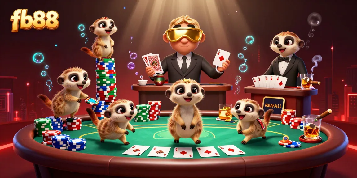 Witness an animated meerkat casino operation featuring fb88 card games and colorful poker chips.