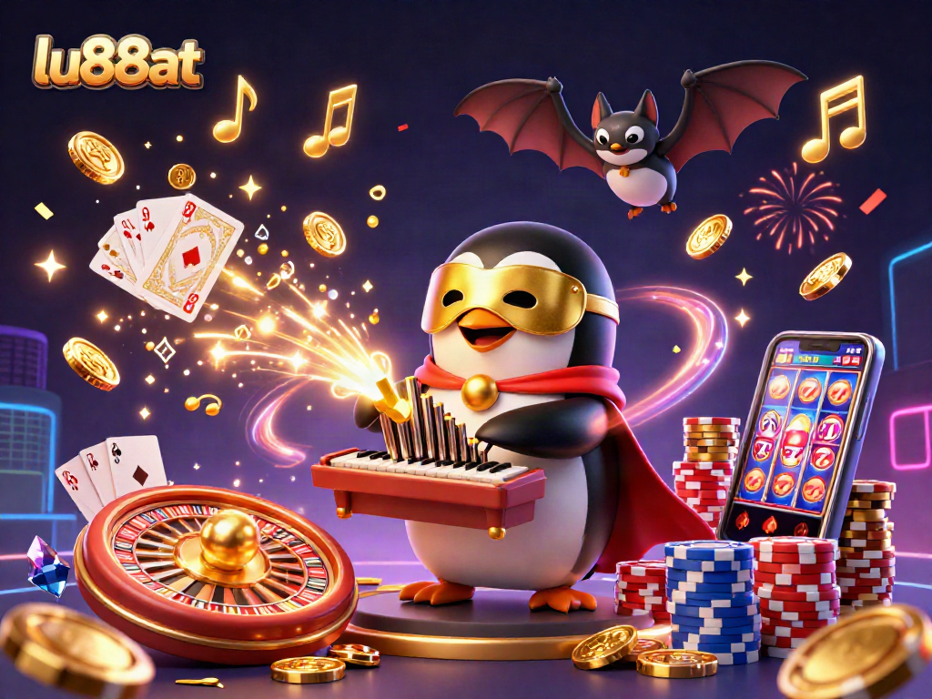 Experience thrilling gaming with lu88at as a golden-mask penguin plays in a bustling casino scene.