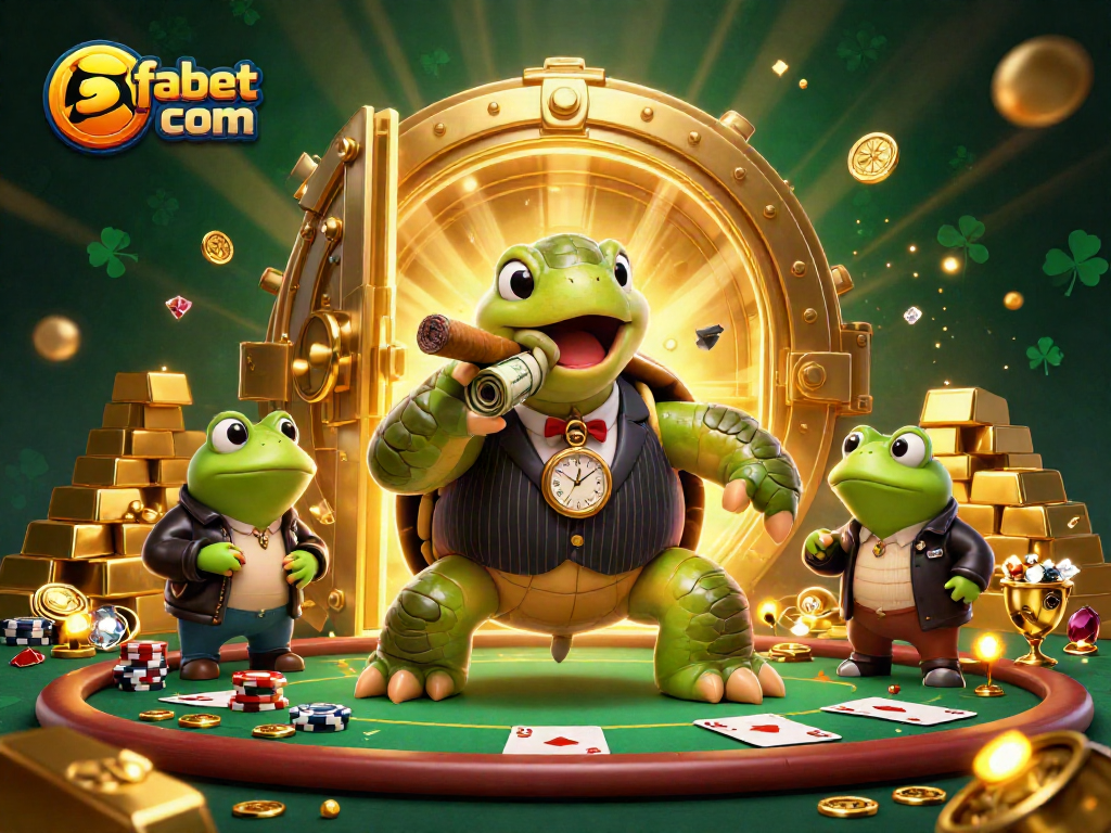 Engage with the exciting fabet com casino universe featuring a cartoon turtle and bullfrogs amidst treasure