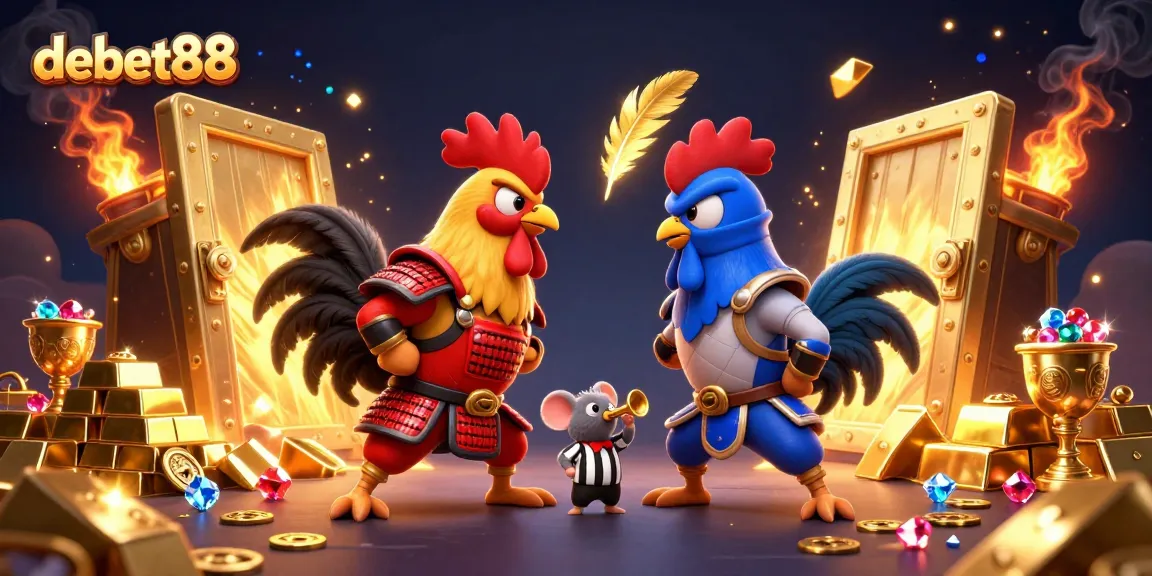 Experience the intense debet88 showdown of cartoon roosters in a dazzling casino battle.