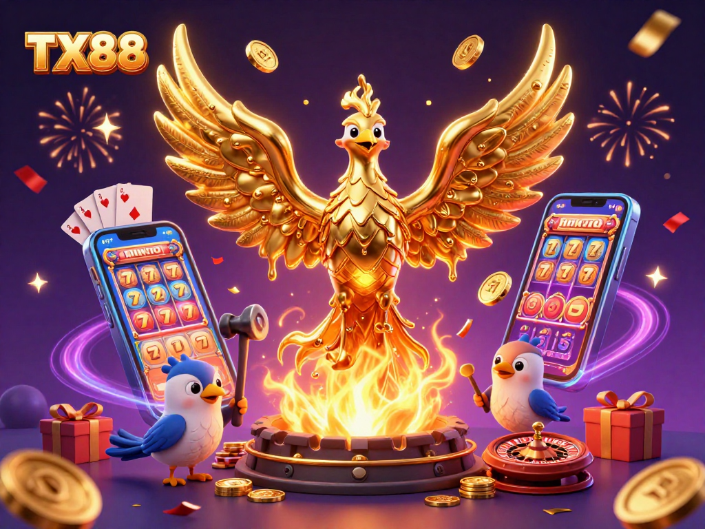 Engage in thrilling gameplay with TX88's golden phoenix and exciting casino elements.