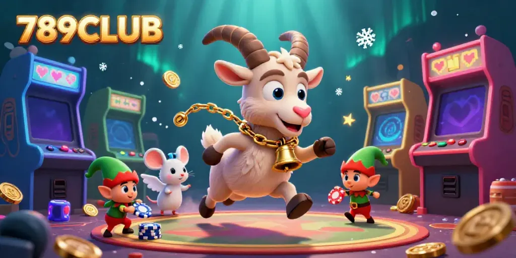 Experience festive gaming chaos with 789CLUB as Krampus goat and angel mouse engage in a vibrant casino scene.