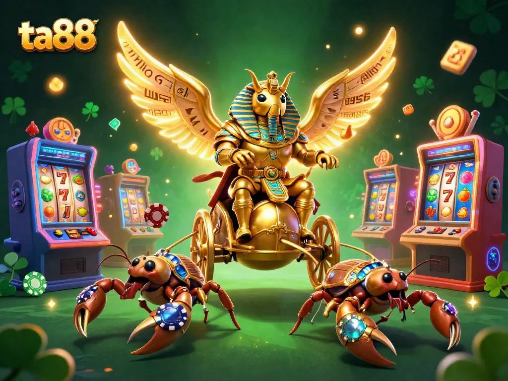 Engage with ta88's vibrant casino atmosphere featuring a golden scarab beetle chariot and slot machines.