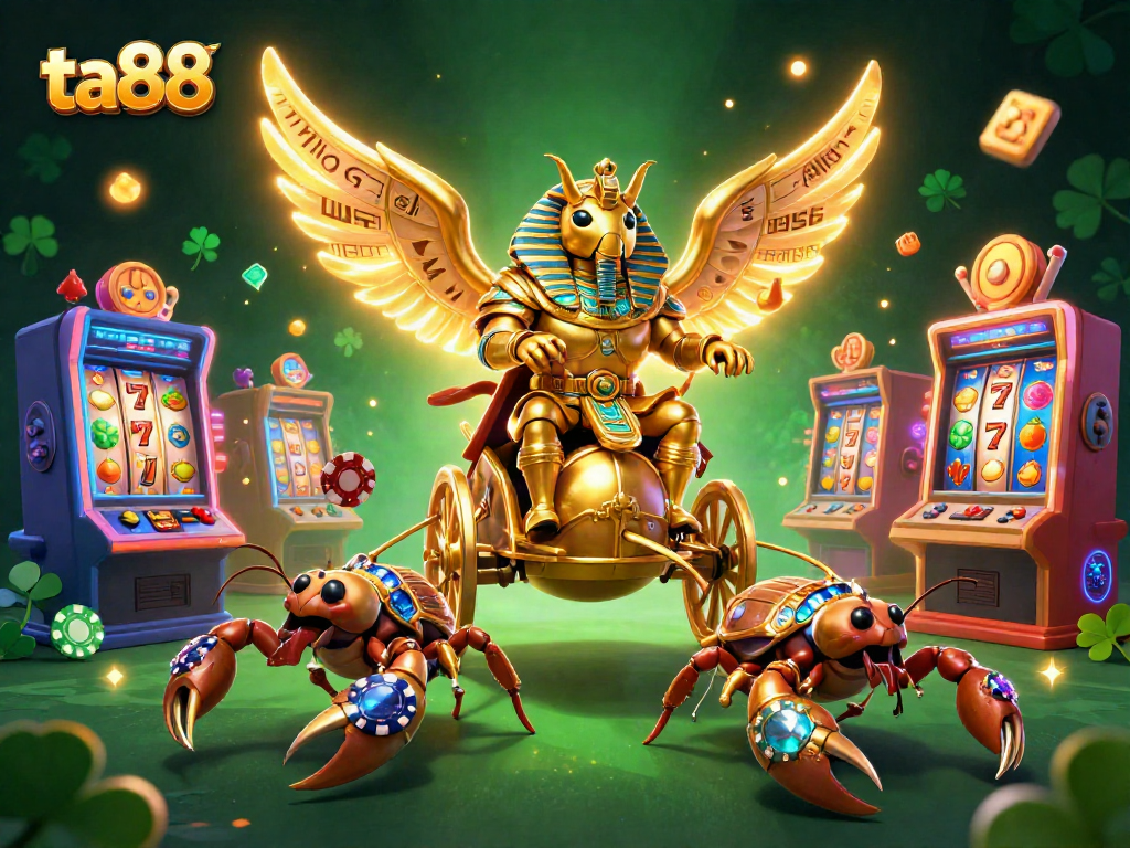 Engage with ta88's vibrant casino atmosphere featuring a golden scarab beetle chariot and slot machines.