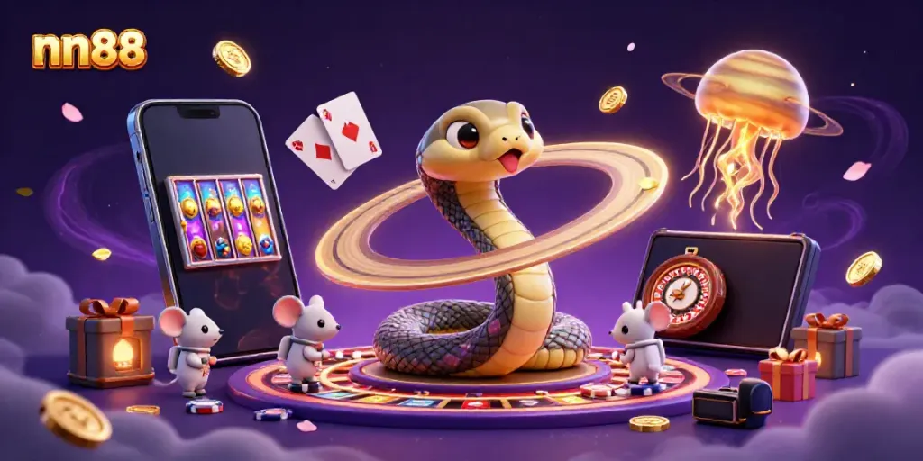 Engage with nn88's cosmic casino scene featuring betting mice and a roulette ring snake.