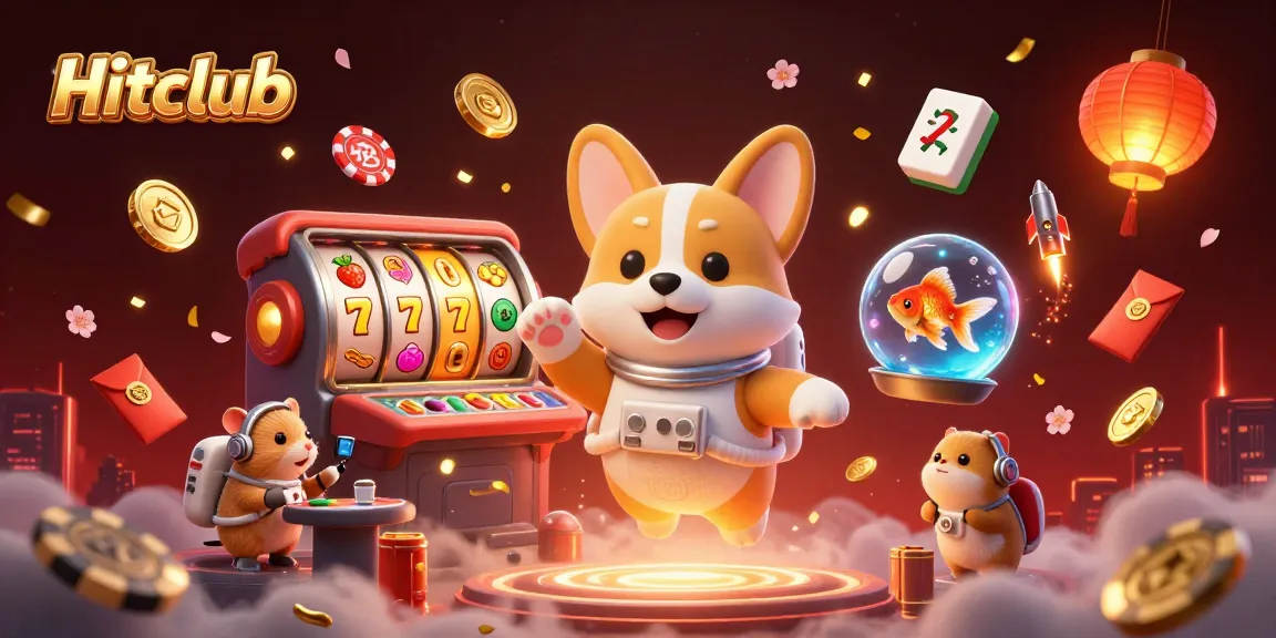 Hitclub showcases an exciting casino scene with a floating astronaut corgi, dynamic slot reels, and vibrant game elements.