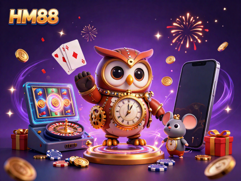 Experience vibrant casino action with HM88 featuring a cartoon owl and dynamic gaming elements