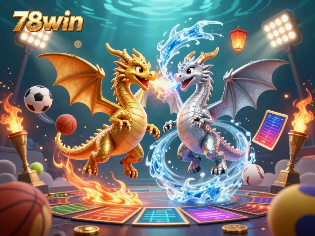 Experience the thrilling atmosphere of 78win with our dragon-themed sports betting illustration featuring dynamic game elements.