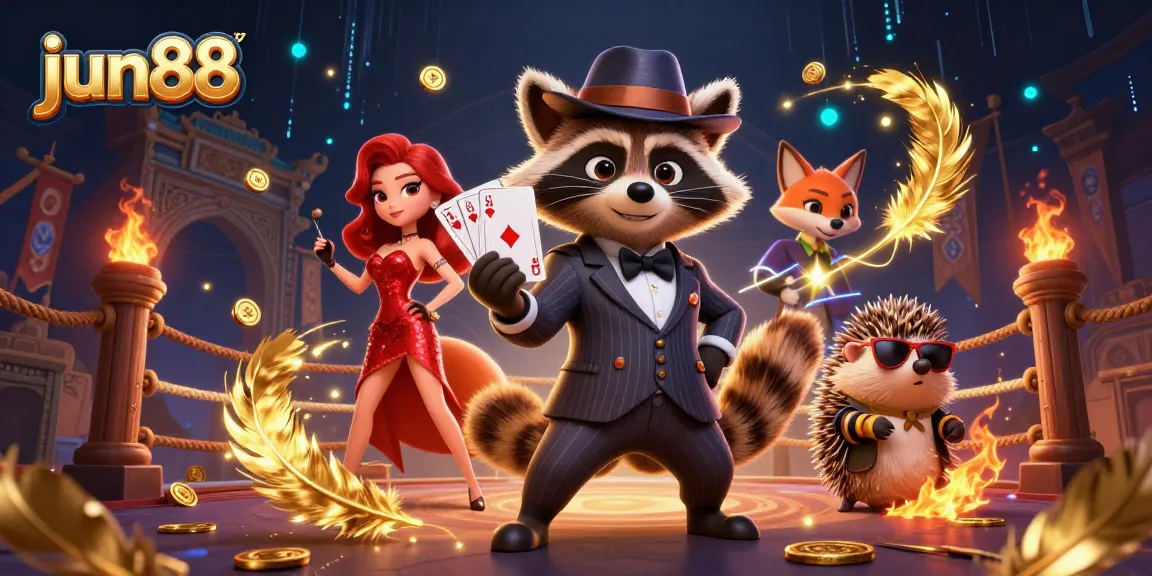 Engage in thrilling games at jun88 with a suave raccoon, charming fox, and bouncer amid vibrant casino action.