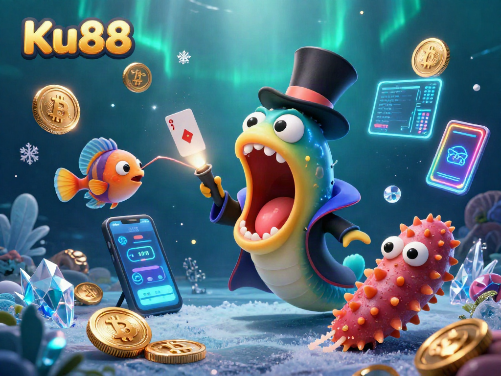 Engage in thrilling gameplay at Ku88 with a magical underwater casino scene showcasing a bioluminescent eel and anglerfish.