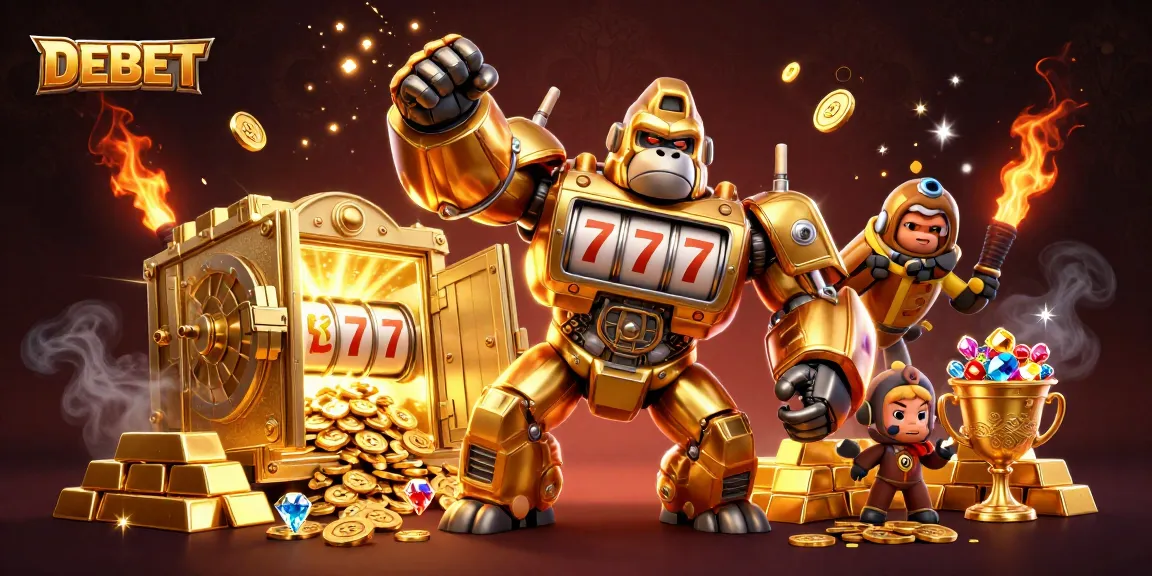 DEBET's dynamic gaming scene with a golden mech and wealth elements showcasing exciting casino action.
