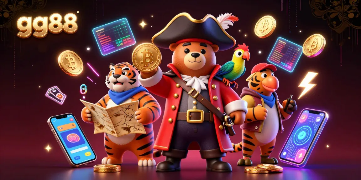 Spin and win at gg88 with a vibrant casino scene showcasing pirate characters and cryptocurrency elements.