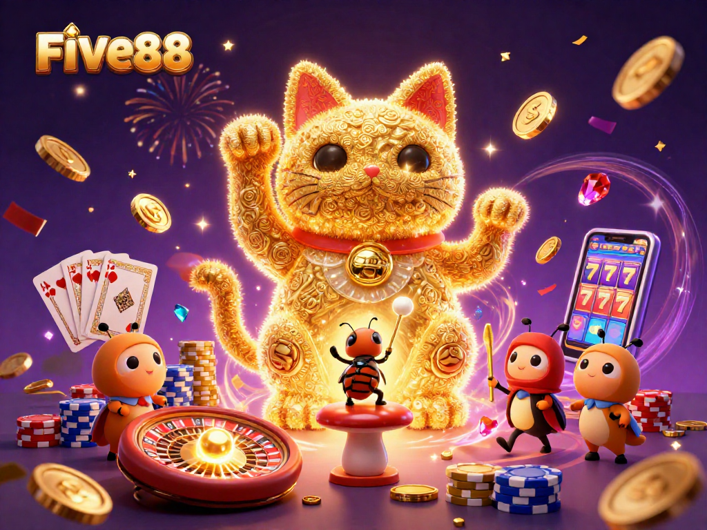 Experience the thrill of FIVE88 with a vibrant celebration of casino symbols and winning moments.