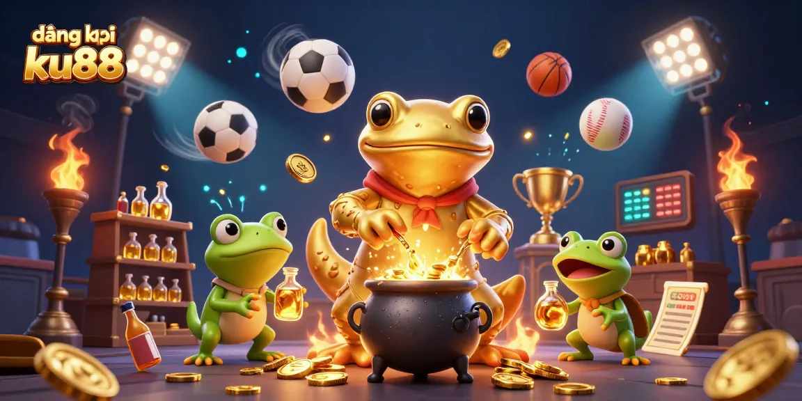 Bet on đăng ký ku88 with vibrant 3D illustration of alchemists and sports elements in motion.