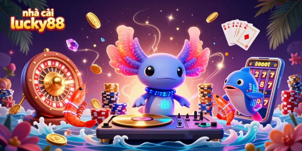 Experience excitement at nhà cái lucky88 with vibrant casino-themed characters and gaming elements