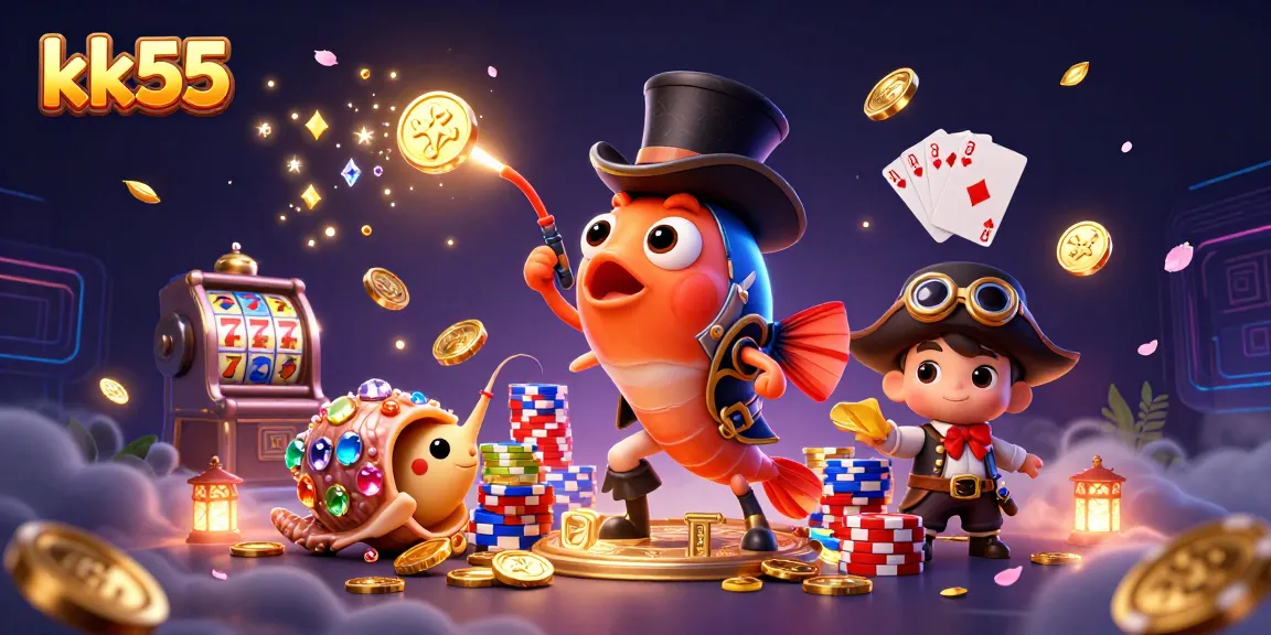 Experience epic wins at kk55 with playful sea characters surrounded by cascading coins and vibrant slot game elements.