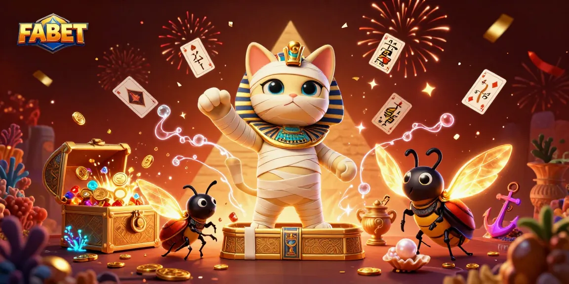 Experience FABET excitement with an Egyptian mummy cat and magical casino elements.