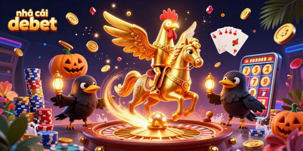 Engage in thrilling gaming at nhà cái debet, where a vibrant casino scene comes alive with golden rooster and pumpkin-headed crows.