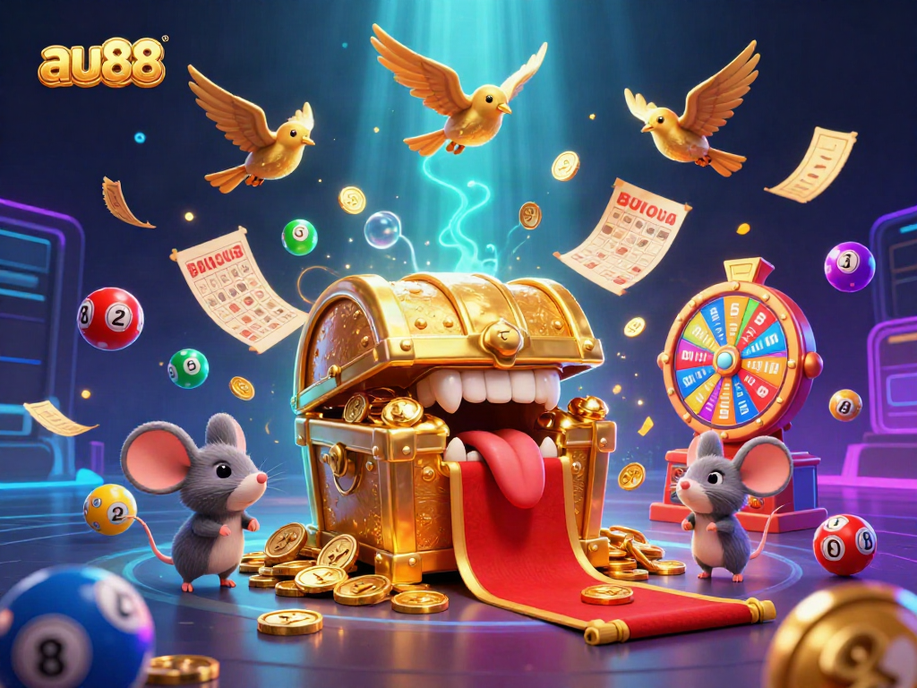 Engage in thrilling gameplay at au88 with a vibrant 3D illustration of treasure and excitement.