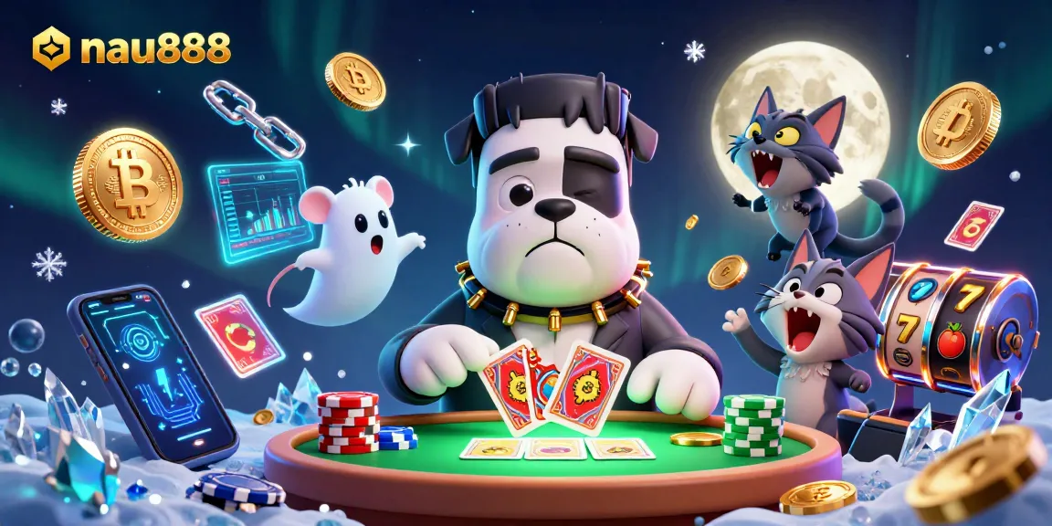 Engage with nau888 at a lively casino scene featuring vibrant characters and crypto elements.