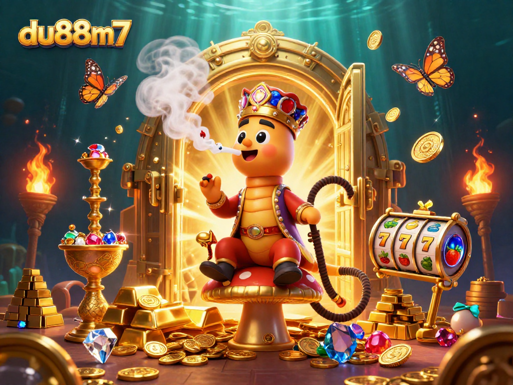 Engage with du88m7's vibrant 3D casino illustration showcasing a caterpillar hookah-master.