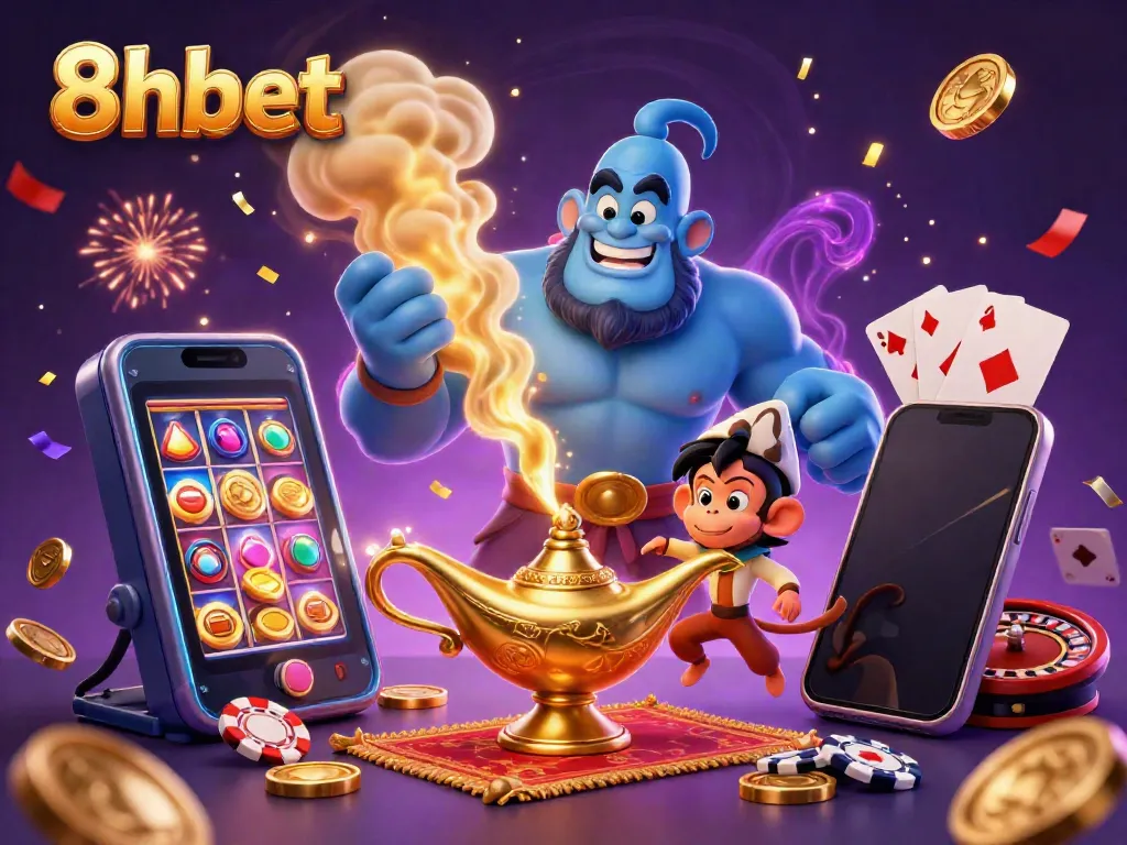 Experience the excitement of 8xbet with a dynamic casino scene featuring a genie, poker chips, and slot games.