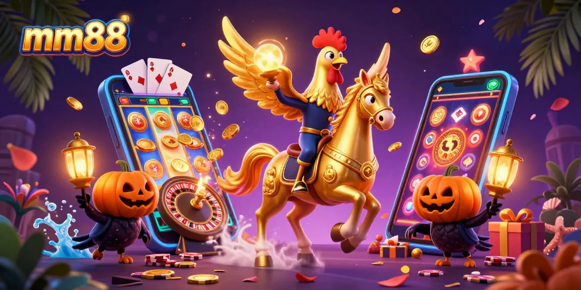 Experience thrilling gameplay at mm88 with golden rooster and casino elements in a vibrant illustration